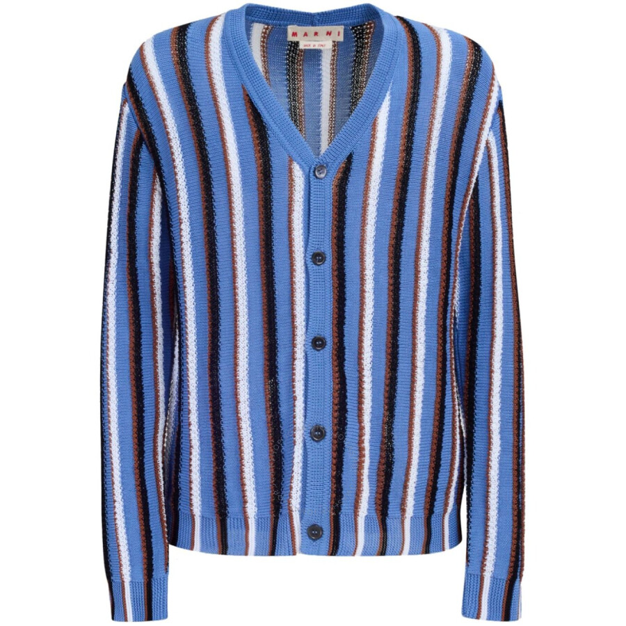 Marni Cotton Cable Striped Crochet Opal Cardigan Sweater Blue In Blue