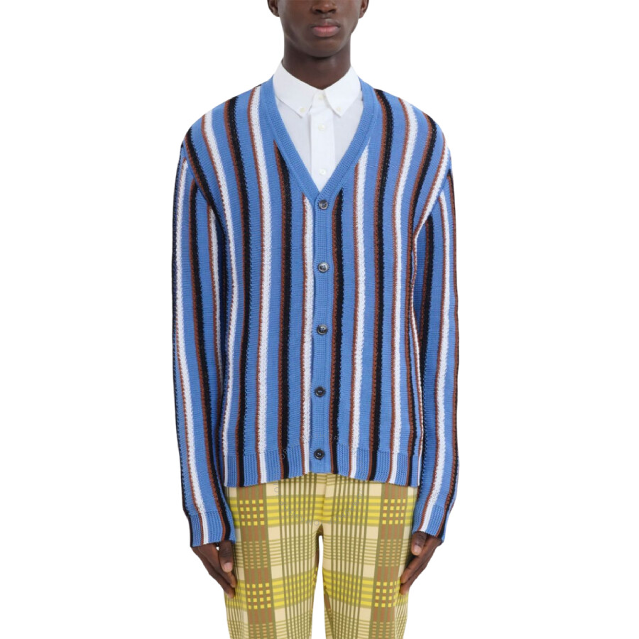 Marni Cotton Cable Striped Crochet Opal Cardigan Sweater Blue In Blue