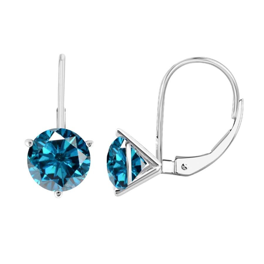 Maulijewels 0.60 Carat Round Blue Diamond Three Prongs Set Martini Leverback Earrings In 14k Solid W In White