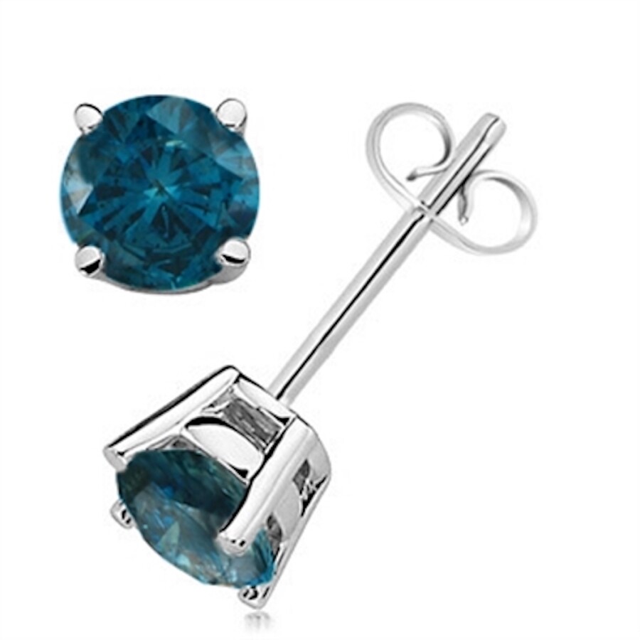 Maulijewels 1/4 Carat Natural Round Blue Diamond Prong Set Stud Earring In 14k Blue & Yellow Gold In Blue