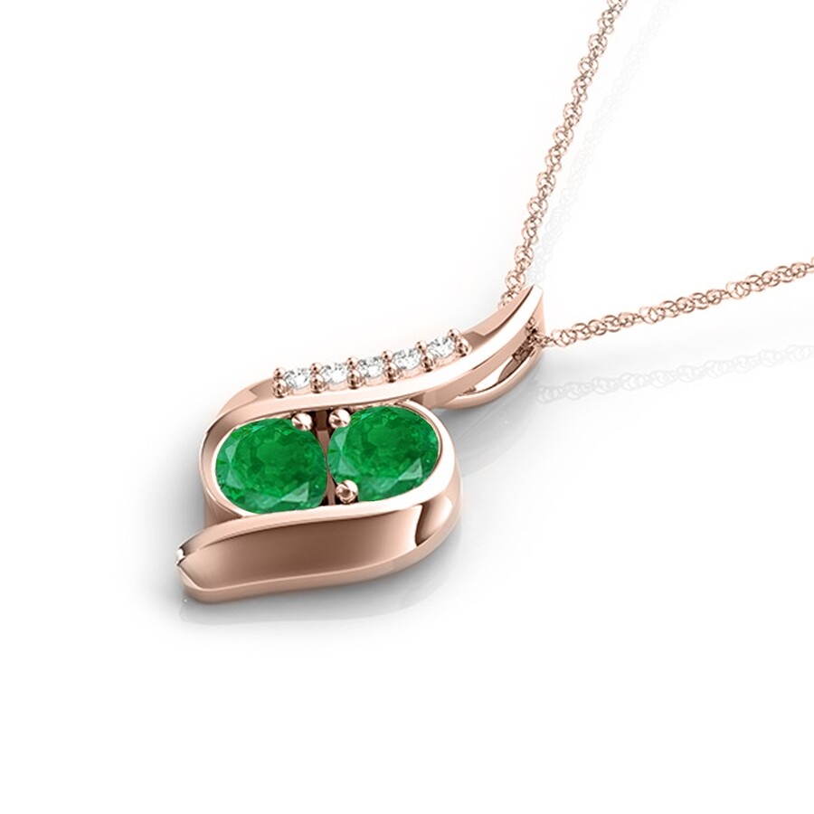 Maulijewels 1.00 Carat Round Emerald & White Diamond Gemstone Pendant In 14k Rose Gold With 18" 14k In Green