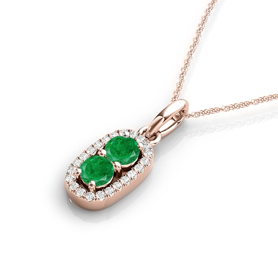 Maulijewels 1.15 Carat Natural Emerald & Diamond Pendant In 14k Rose Gold With 18" 14k Rose Gold Pla In Green