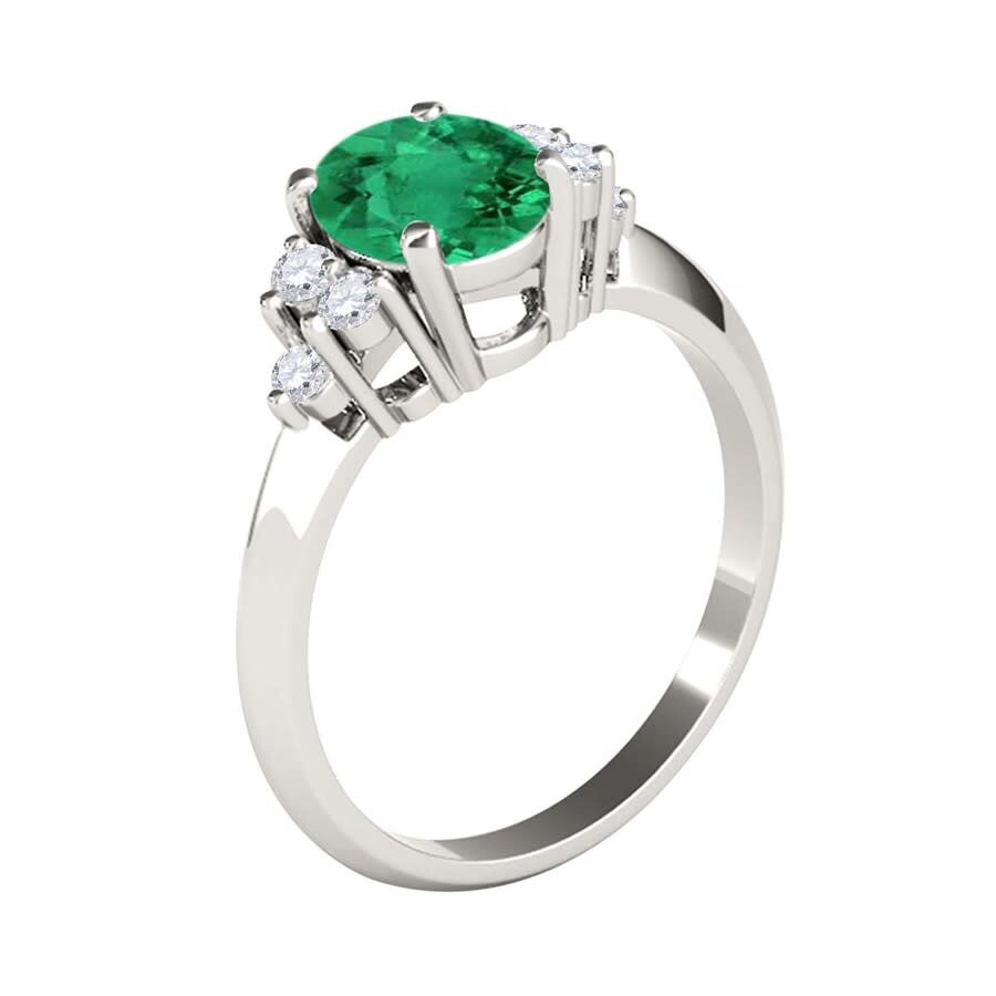 Maulijewels 1.00 Carat Emerald & Round White Diamond Gemstone Ring In 10k Solid White In Green