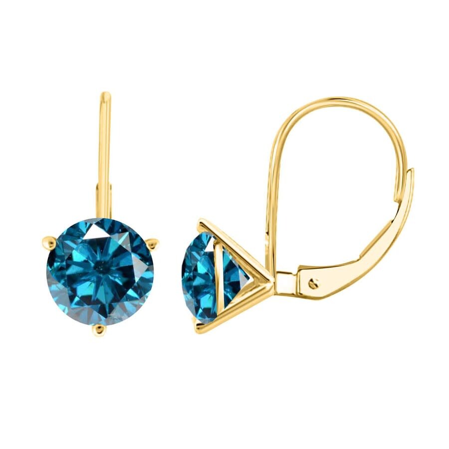 Maulijewels 1.00 Carat Natural Blue Diamond Three Prong Set Martini Leverback Earrings For Women's I In Yellow