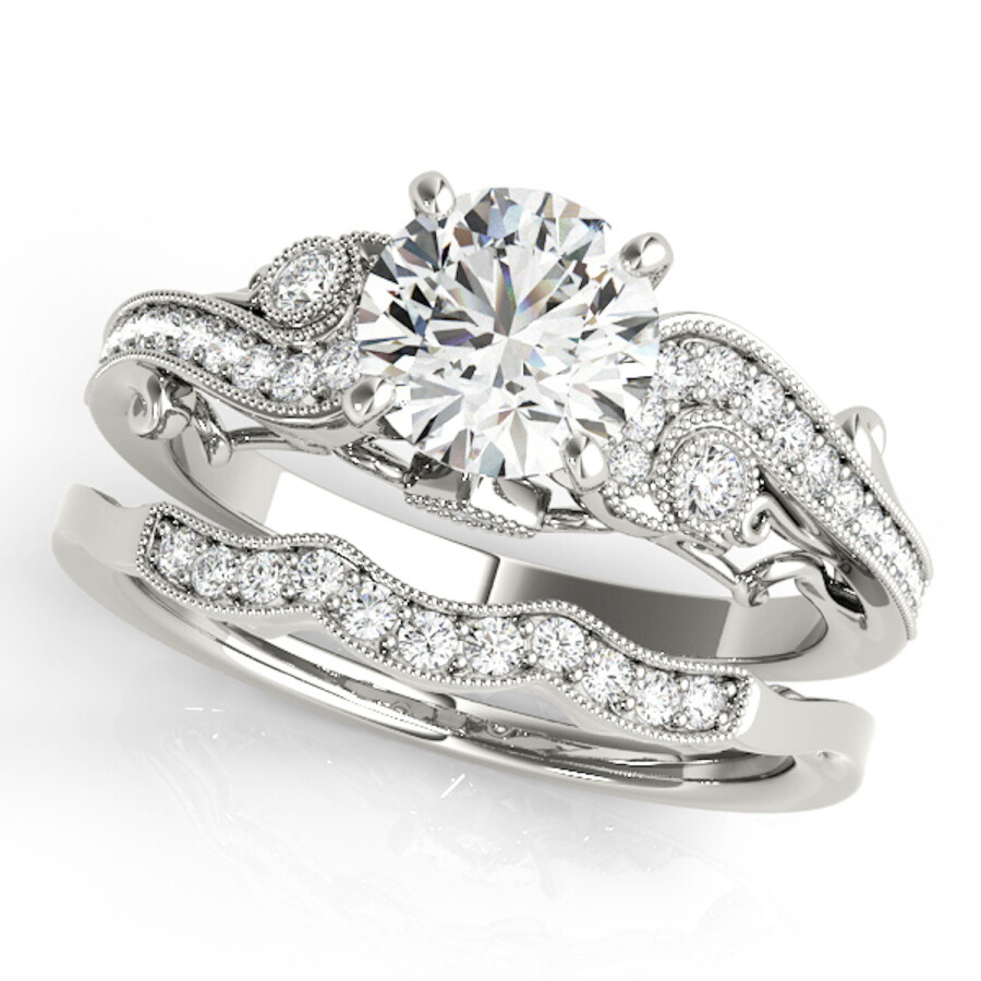 Maulijewels 14k White Gold 0.60 Carat Halo Diamond Engagement Bridal Ring Set In White