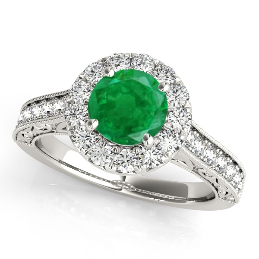 Maulijewels 14k White Gold Gemstone And Diamond Ring With 1.40 Carat Round Shape Emerald And Diamond In White