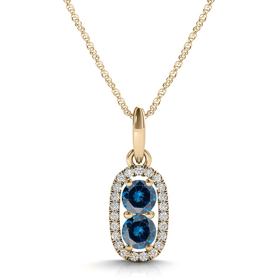 Maulijewels 14k Yellow Gold 1.25 Carat Blue Diamond Two Stone Pendant Necklace With 18" 14k Yellow G In Blue