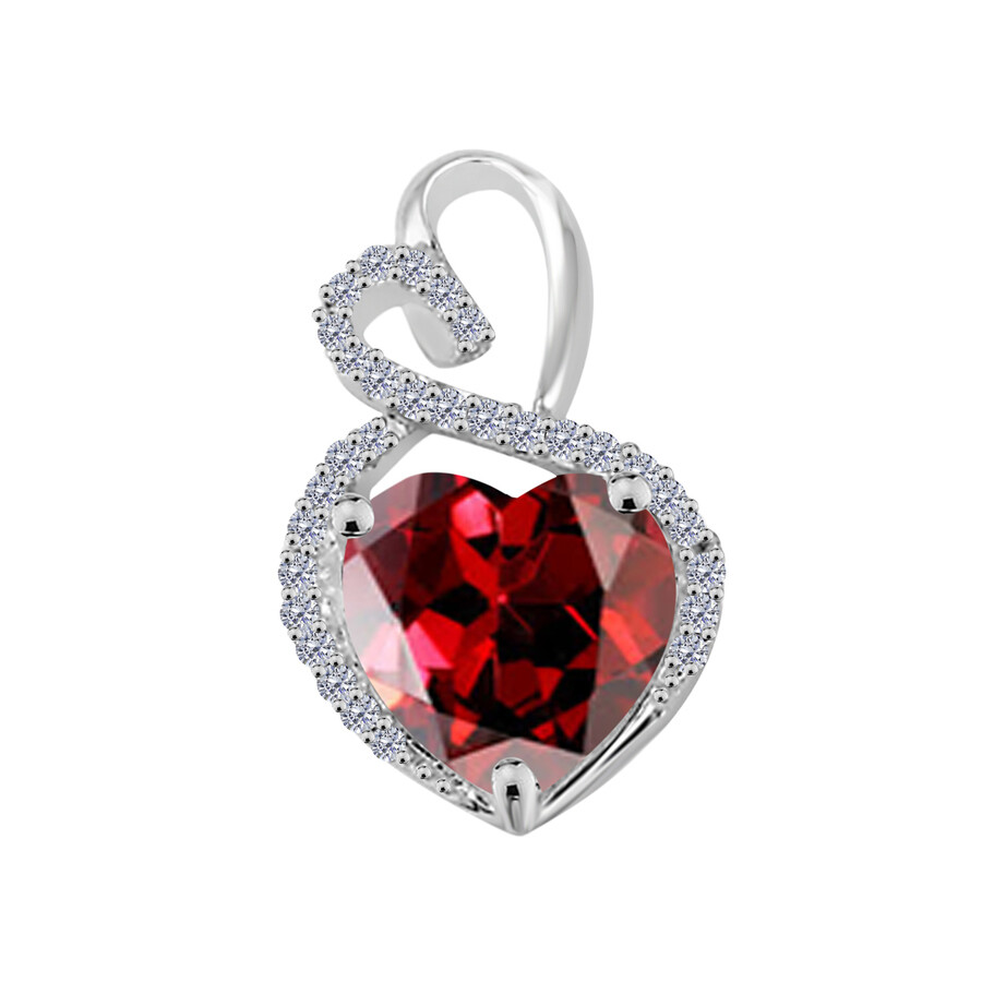 Maulijewels 4 Carat Heart Shape Garnet Gemstone And White Diamond Pendant In 14k White Gold With 18" In Red