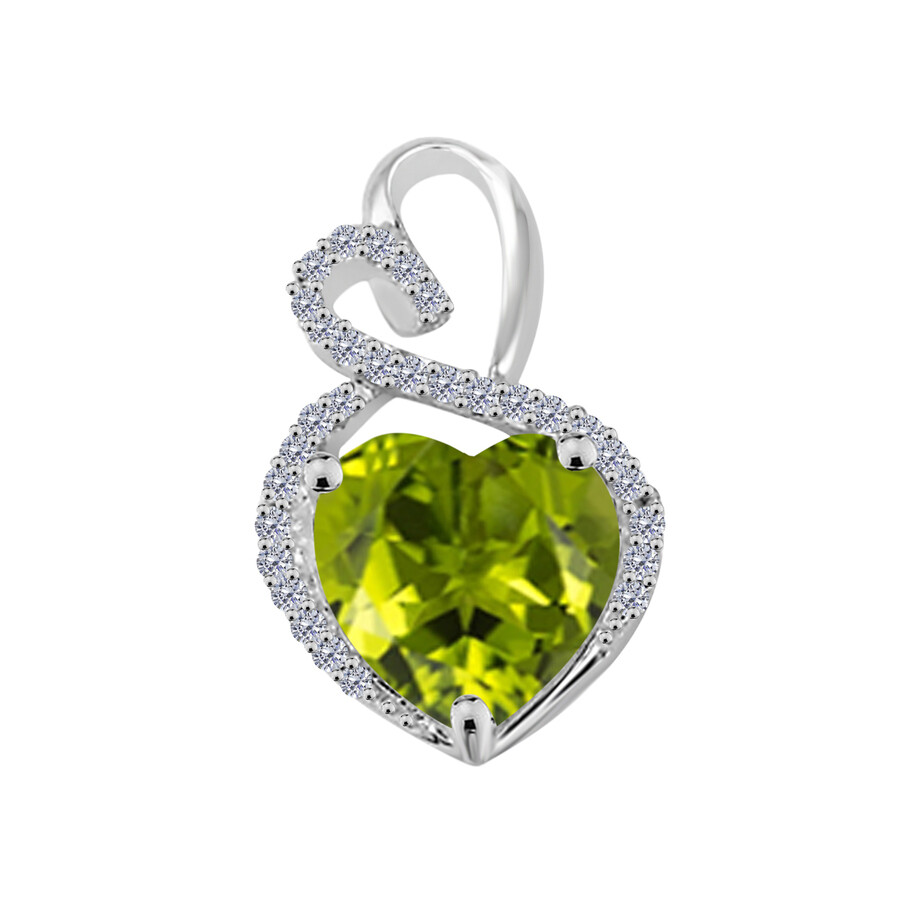 Maulijewels 4 Carat Heart Shape Peridot Gemstone And White Diamond Pendant In 14k White Gold With 18 In Green