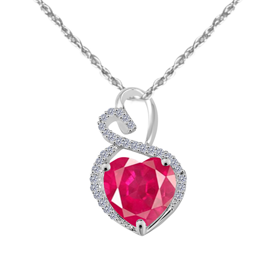 Shop Maulijewels 4 Carat Heart Shape Ruby Gemstone And White Diamond Pendant In 14k White Gold With 18" 1 In Red