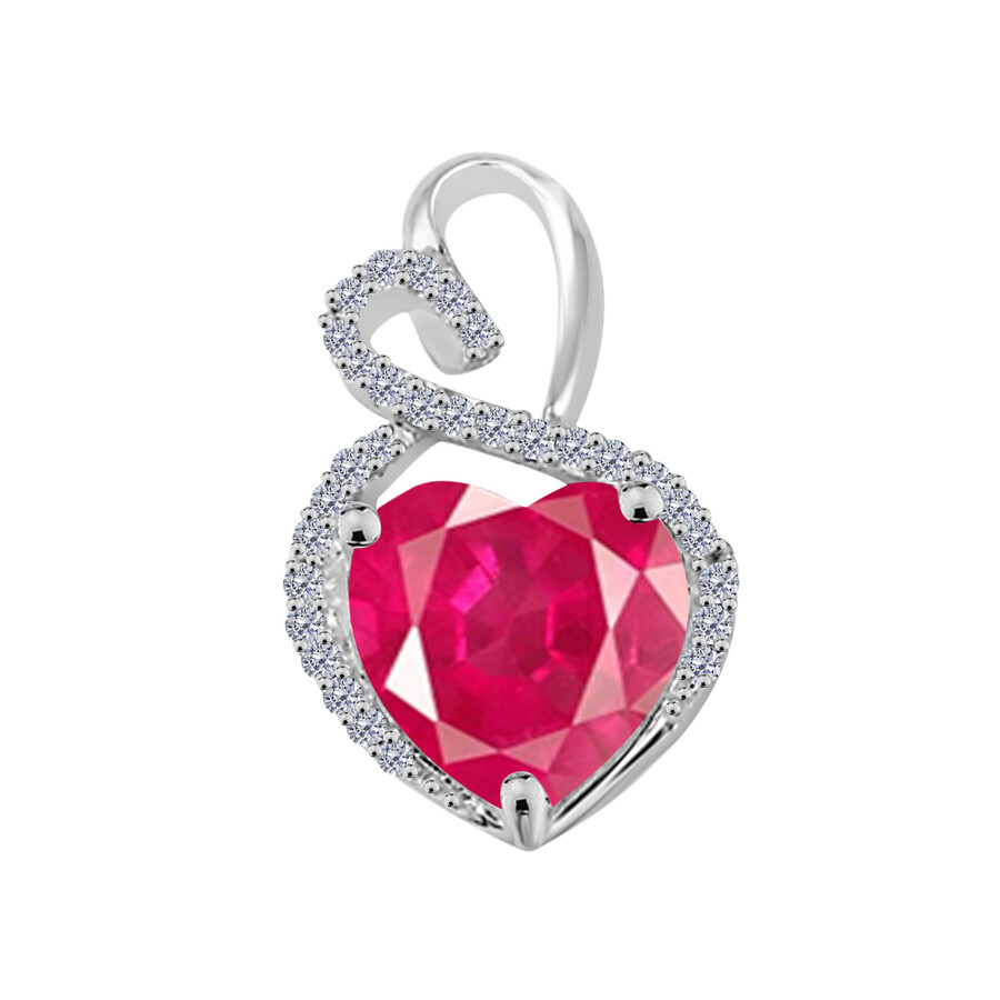 Maulijewels 4 Carat Heart Shape Ruby Gemstone And White Diamond Pendant In 14k White Gold With 18" 1 In Red
