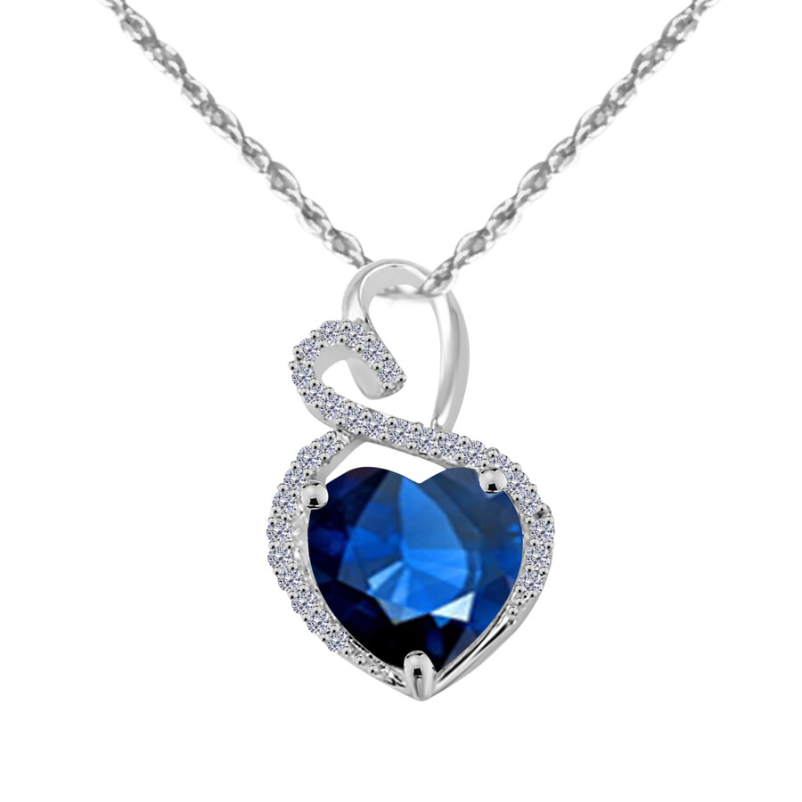 Shop Maulijewels 4 Carat Heart Shape Sapphire Gemstone And White Diamond Pendant In 14k White Gold With 1 In Navy