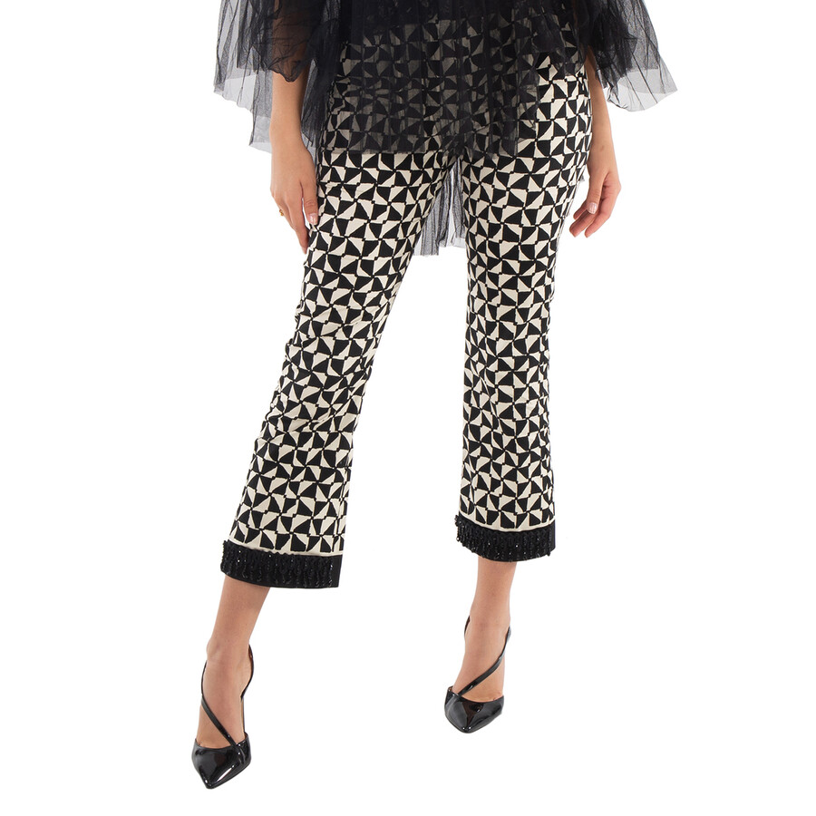 Ladies Ecru Geometric-Pattern Print Cropped Pants