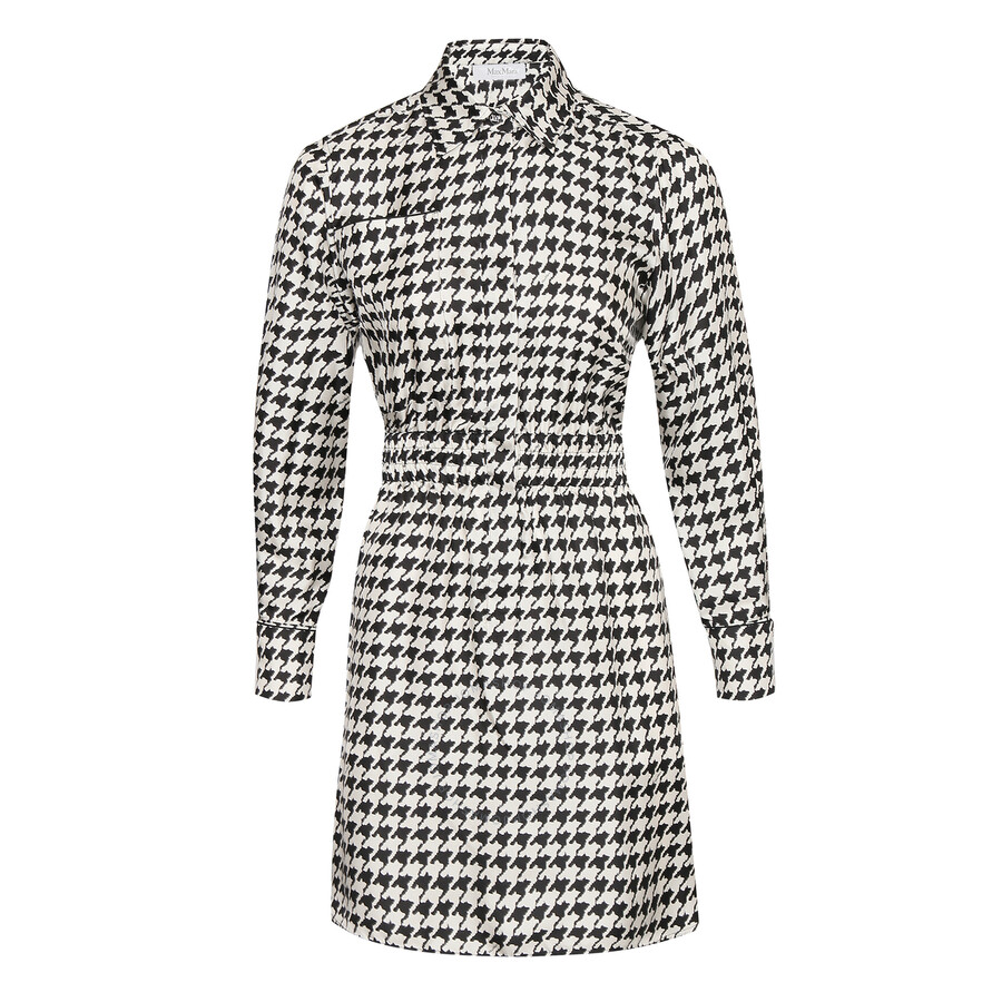 MAX MARA MAX MARA LADIES WHITE BLACK ARCA SILK HOUNDSTOOTH SHIRT DRESS
