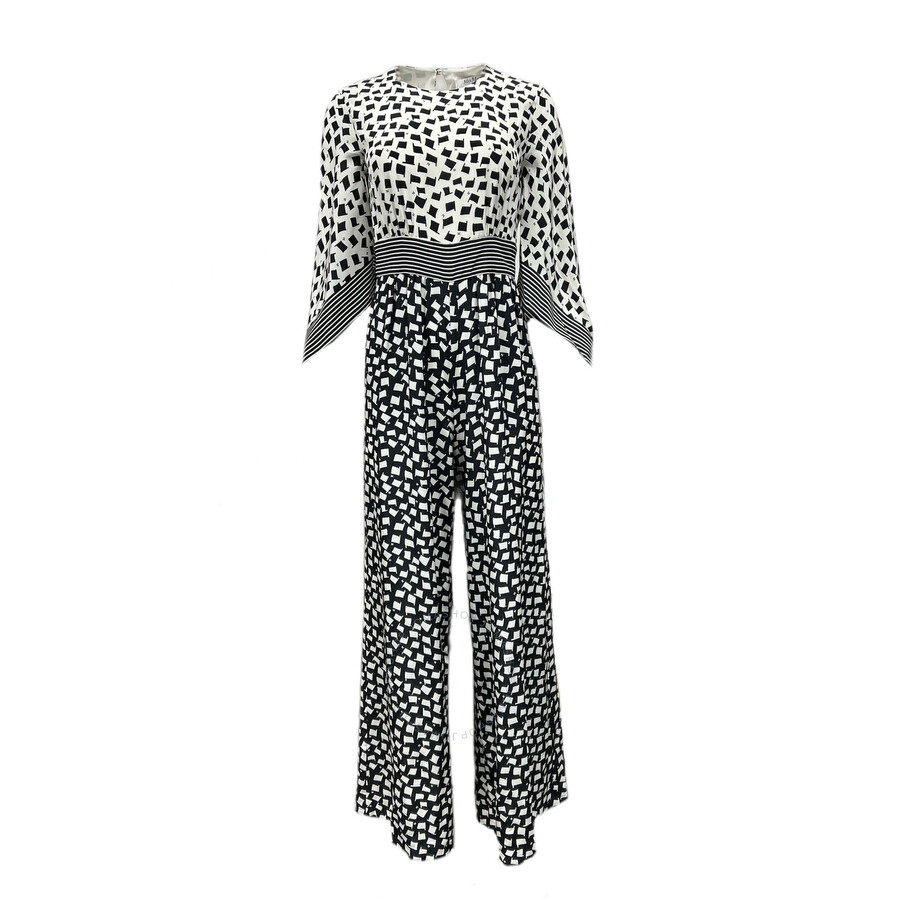 Max Mara Ladies White Black Origano Printed Silk Jumpsuit In White/black