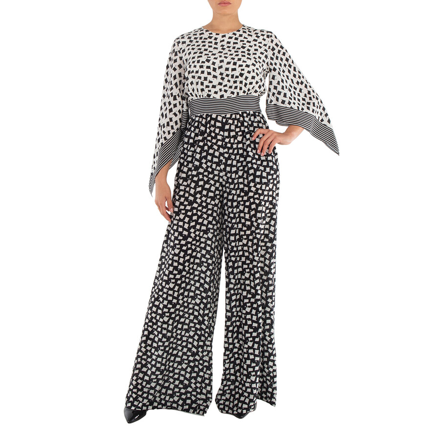 Ladies White Black Origano Printed Silk Jumpsuit