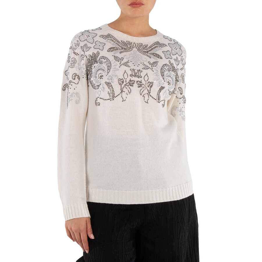 Ladies White Wool-Cashmere Embellished Aldeno Sweater