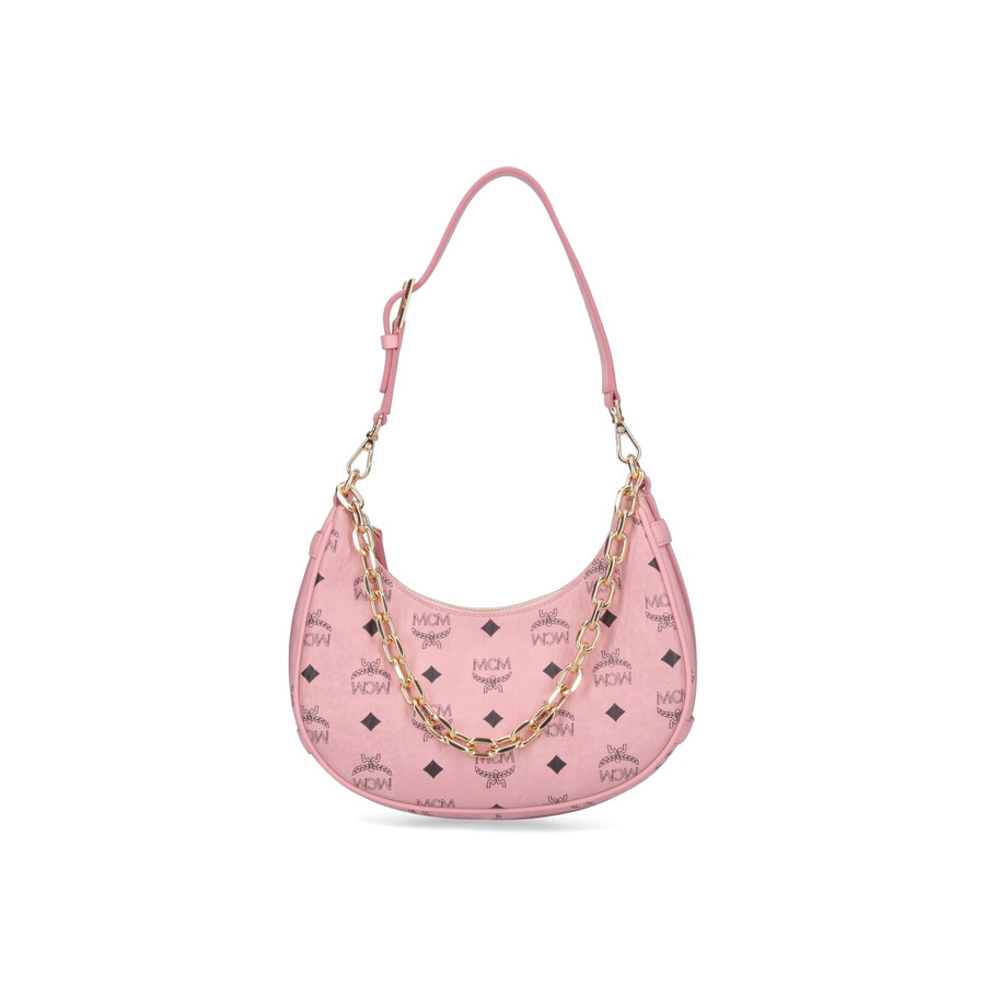 Mcm Small Aren Monogram Crescent Hobo Bag In Pink