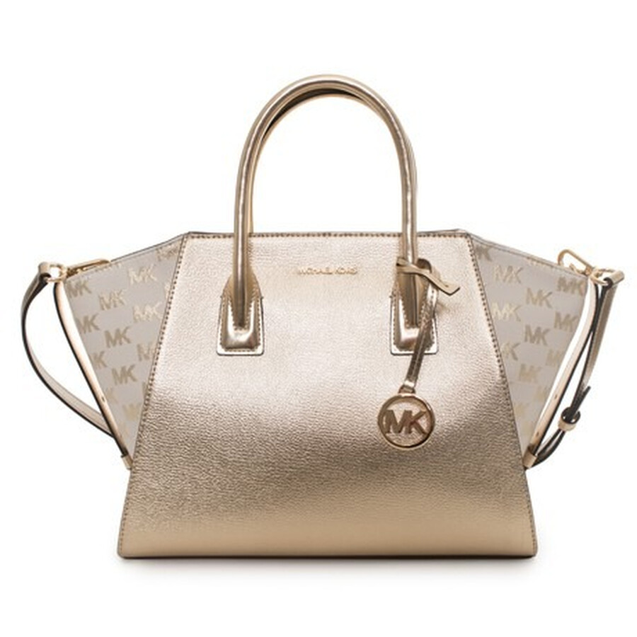 Michael Kors Avril Large Metallic Leather And Logo Jacquard Satchel In Gold