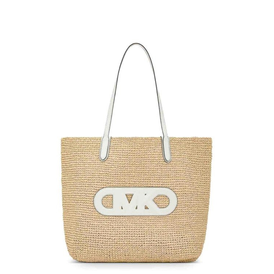 Michael Kors Eliza Extra-large Empire Logo Straw Tote Bag In White