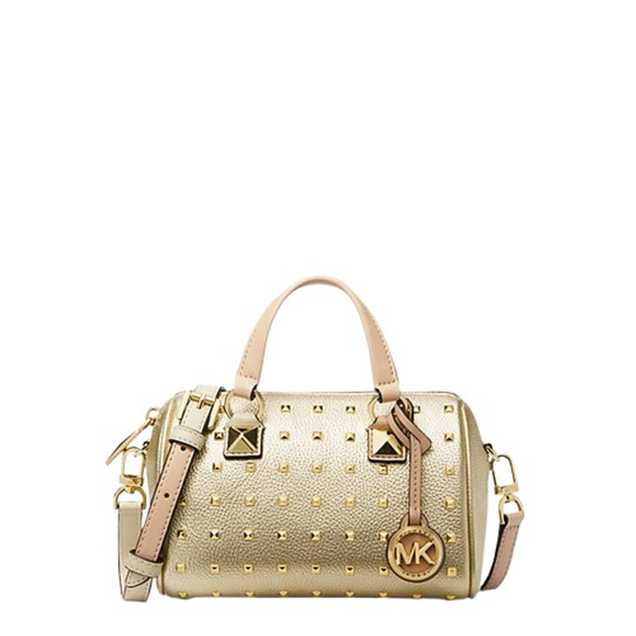 Michael Kors Grayson Small Studded Metallic Leather Duffel Crossbody Bag In Gold