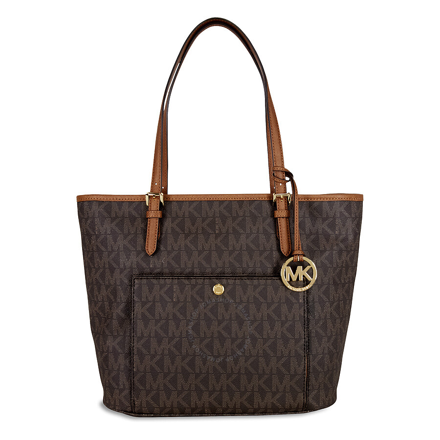 Michael Kors Jet Set Top Zip Snap Pocket Tote Signature Brown- Large ...