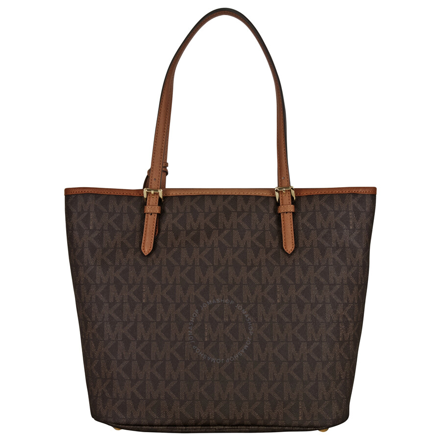 Michael Kors Jet Set Top Zip Snap Pocket Tote Signature Brown- Large ...