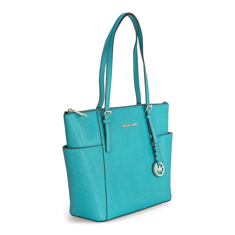 Michael Kors Jet Set TopZip Saffiano Leather Tote Tile Blue Jet