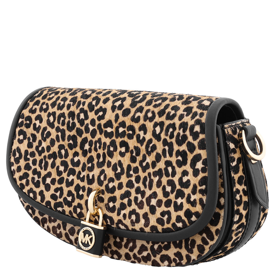 Michael Kors Leopard Pattern Logo Padlock Small Shoulder Bag In Black
