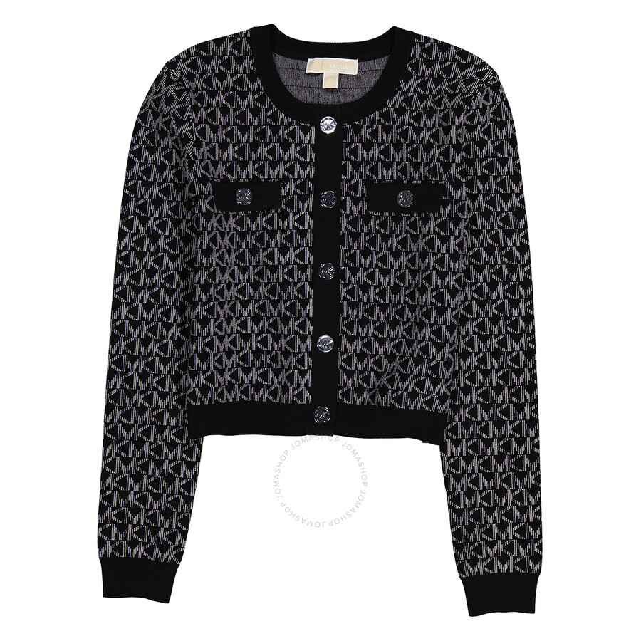 Michael Kors Long Sleeved Monogram Pattern Cardigan In White/black