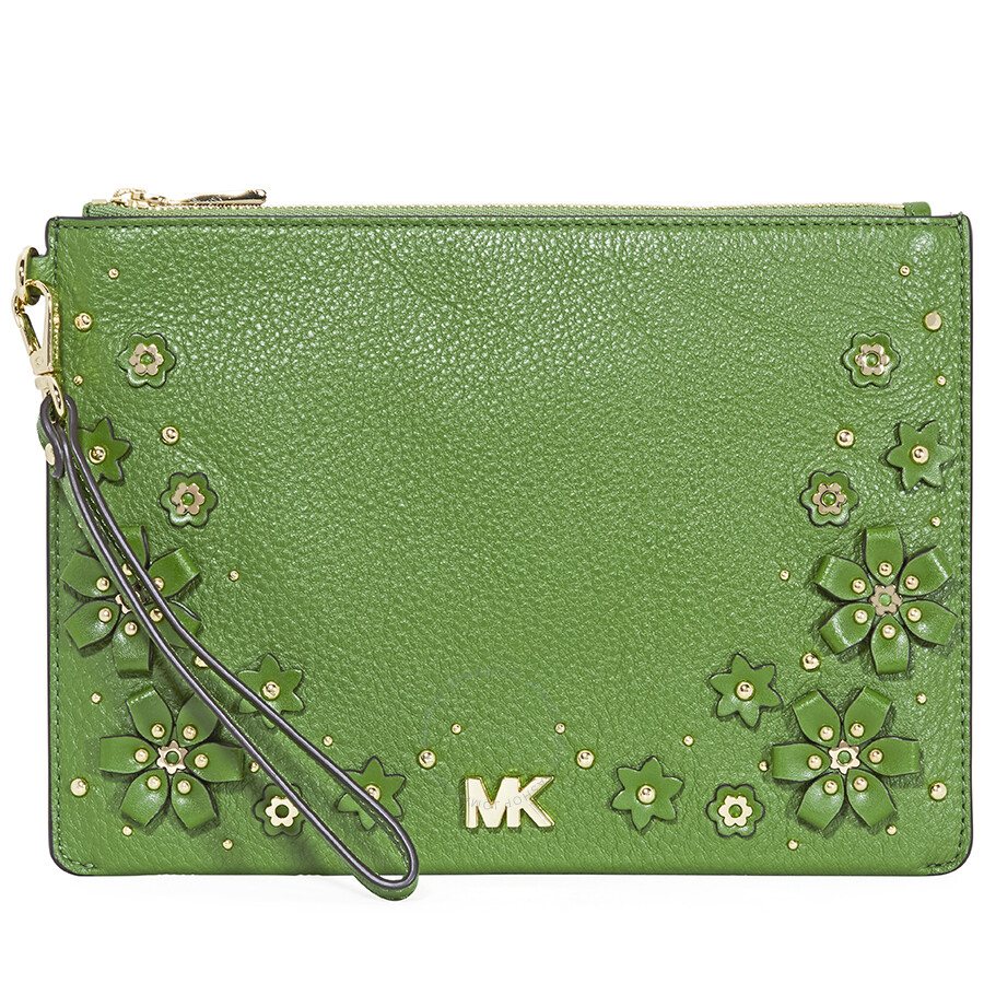 Michael Kors Medium Fl Embellished Leather Pouch True Green Michael Kors Medium Fl Embellished Leather Pouch True Green