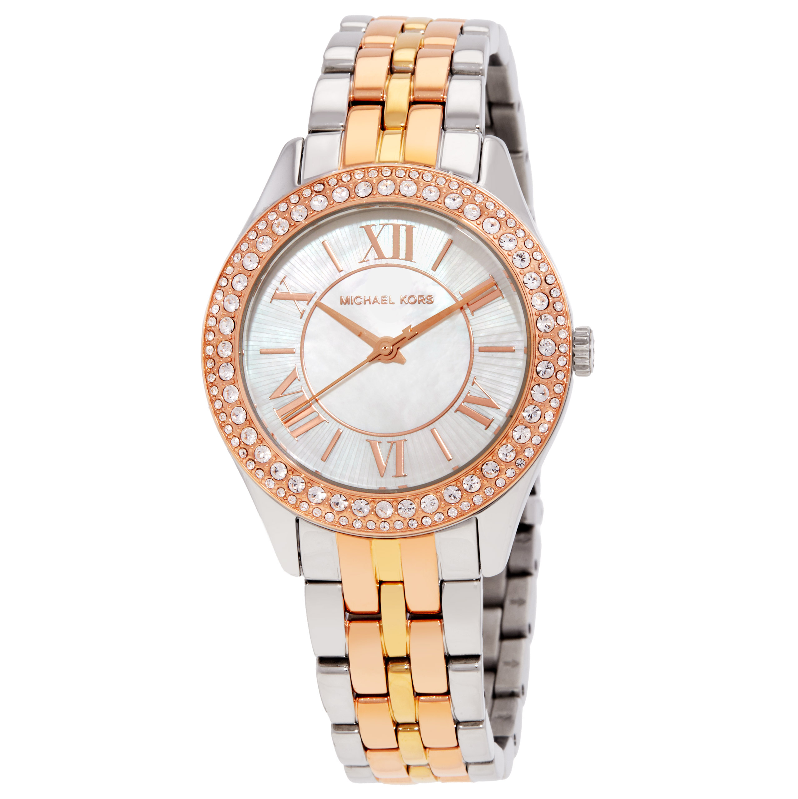 Michael Kors Mini Harlowe Pave Tri-Tone Quartz Silver Dial Watch MK4846