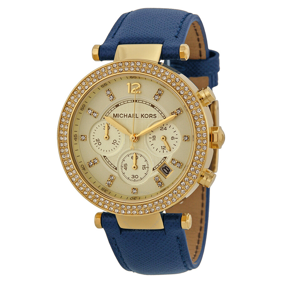 Michael Kors Parker White Dial Navy Blue Leather Strap Watch for Women