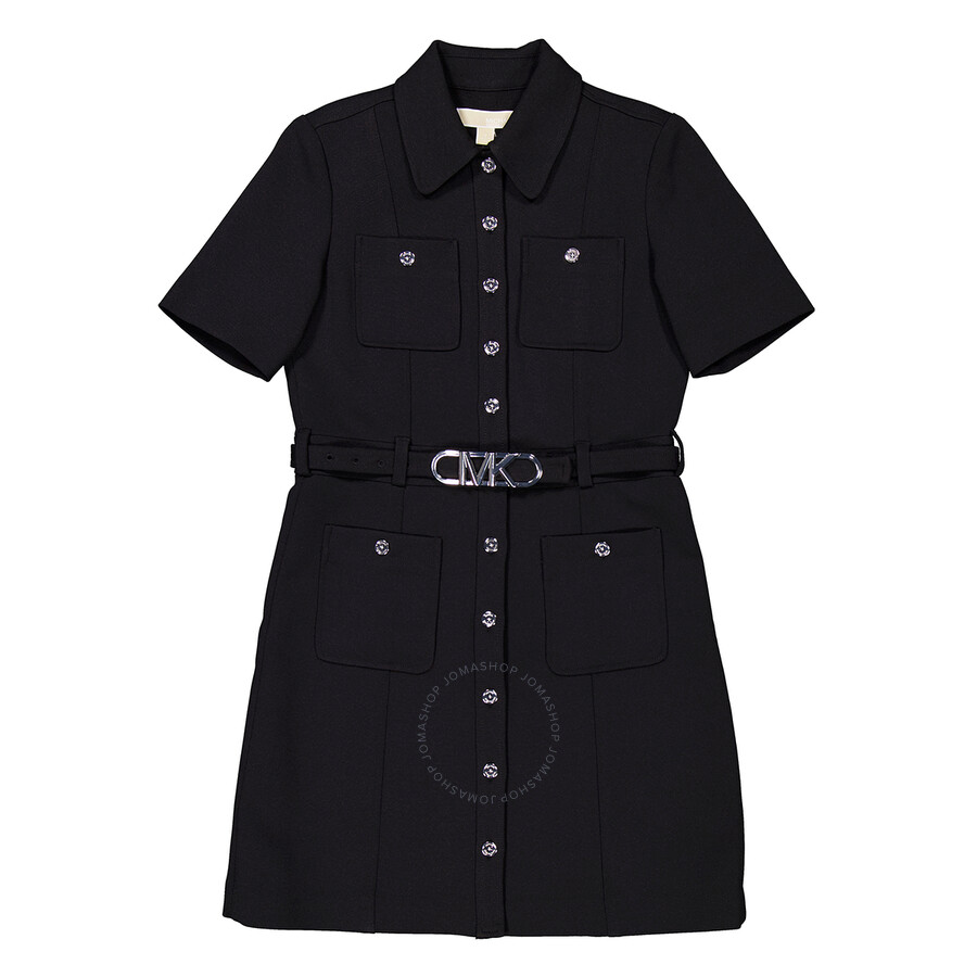 Michael Kors Stretchy Crepe Short Sleeve Belted Utility Dress In Black