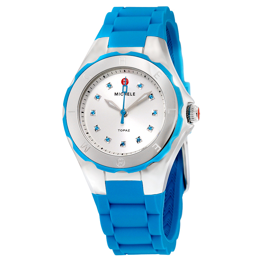 Michele Tahitian Jelly Bean Silver Dial Turquoise Silicone Ladies Watch MWW12P000005