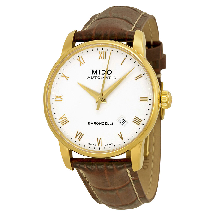 Shop Mido Baroncelli Automatic White Dial Brown Leather Men's Watch M86003268 In Brown / Gold / Gold Tone / Skeleton / White / Yellow