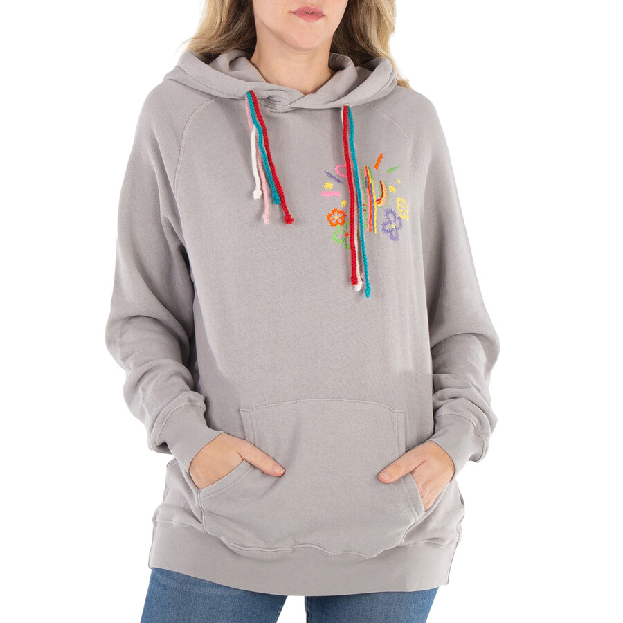 Grey Cactus Embroidered Cotton Hoodie