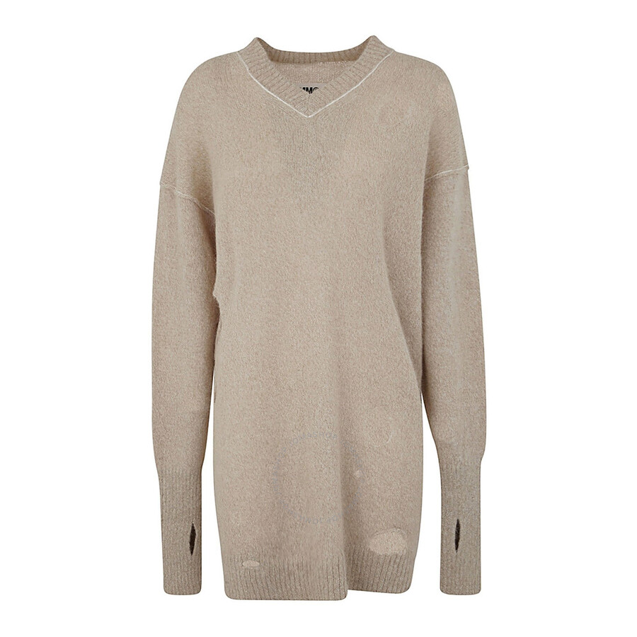 MM6 MAISON MARGIELA MM6 LADIES BEIGE DISTRESSED-EFFECT KNITTED JUMPER