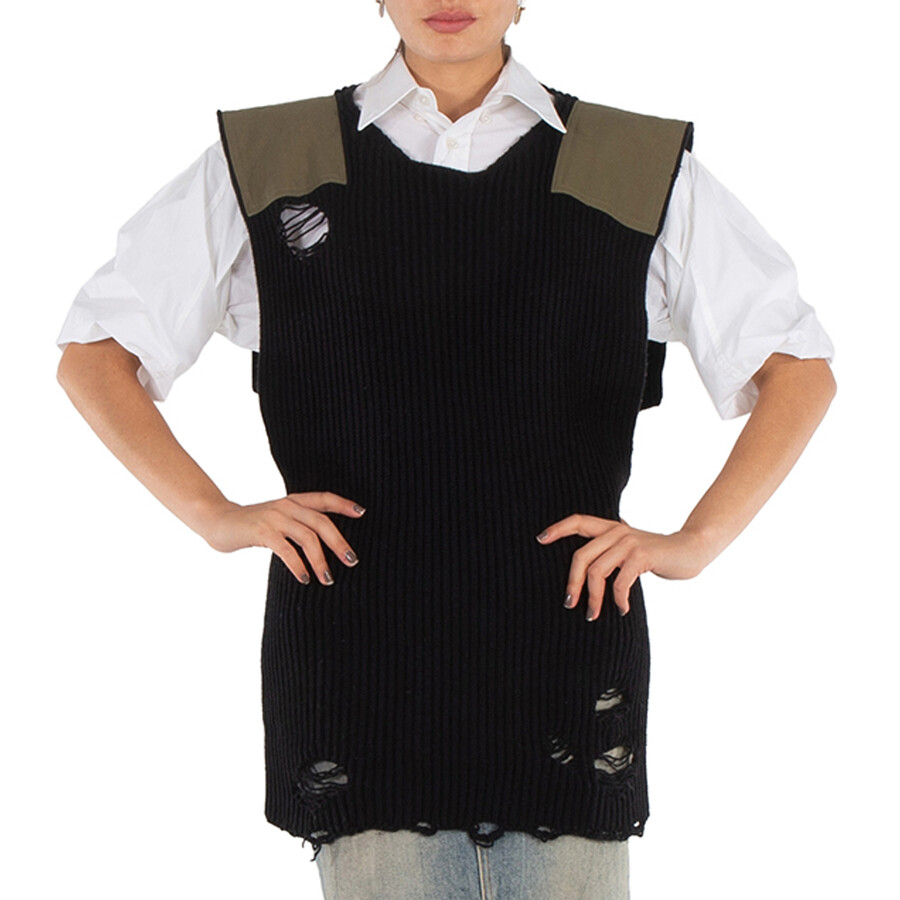 Ladies Black Distressed Panelled Ribbed Vest, Size One Size
