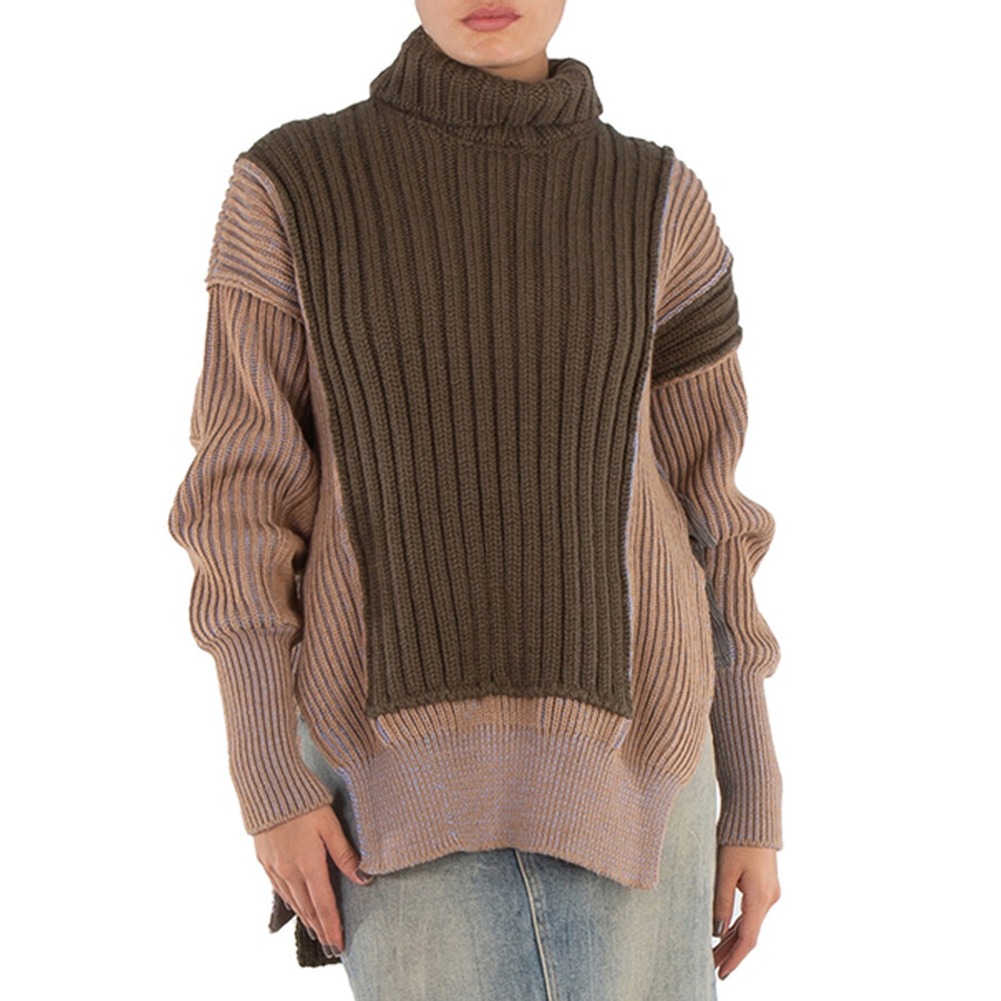 Ladies Green Contrasting Panel-Detail Chunky-Knit Jumper