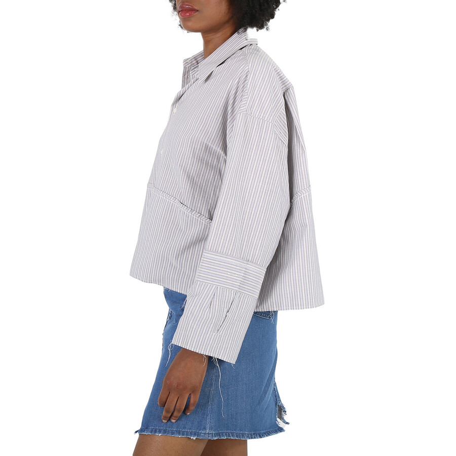 Mm6 Maison Margiela Ladies Striped Cotton Cropped Shirt In Grey/blue