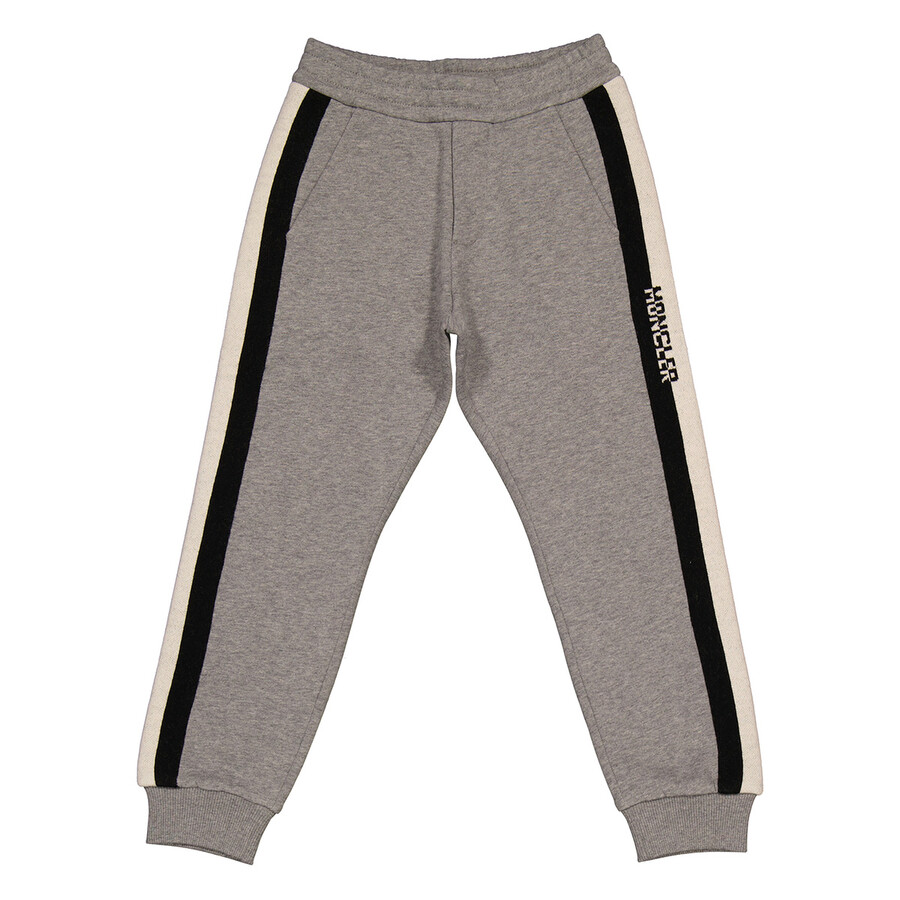 Moncler Boys Light Grey Logo Stripe Cotton Joggers In Grey