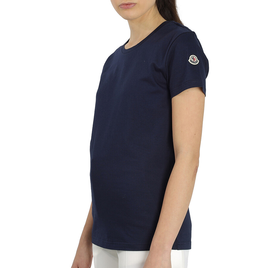 Moncler Ladies Logo Patch Cotton T-shirt In Navy In Blue