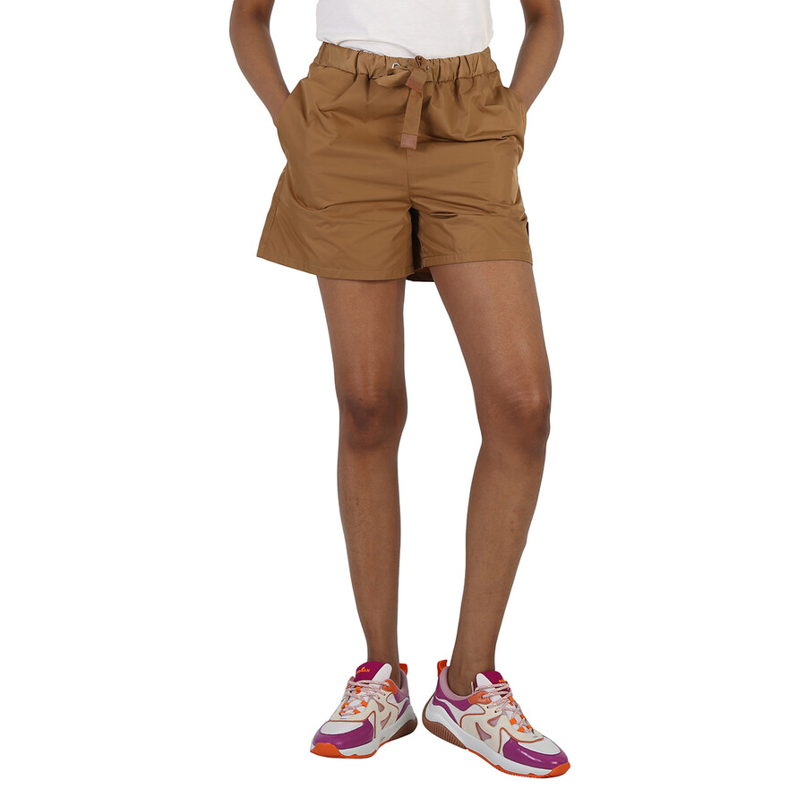 Shop Moncler Ladies Tan Gabardine High-waisted Drawstring Shorts In Brown