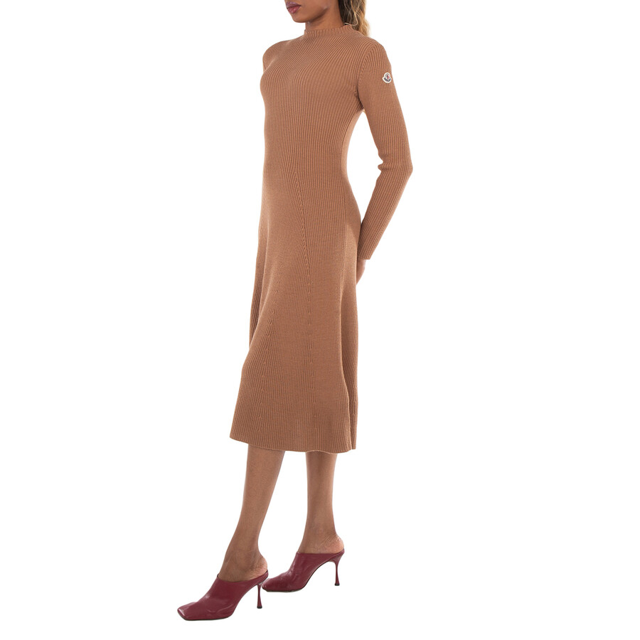 Moncler Long-sleeve Wool Knit Midi Sweater Dress In Brown