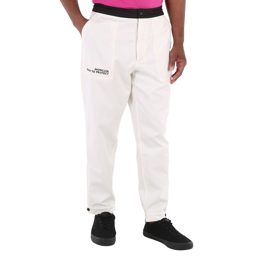 Shop Moncler Men's White Logo Embroidered Cotton Tapered Trousers