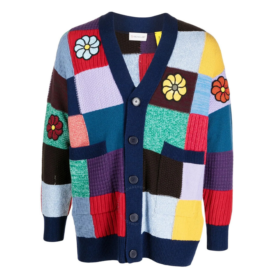 Moncler Patchwork-design Crochet Cardigan In Blue