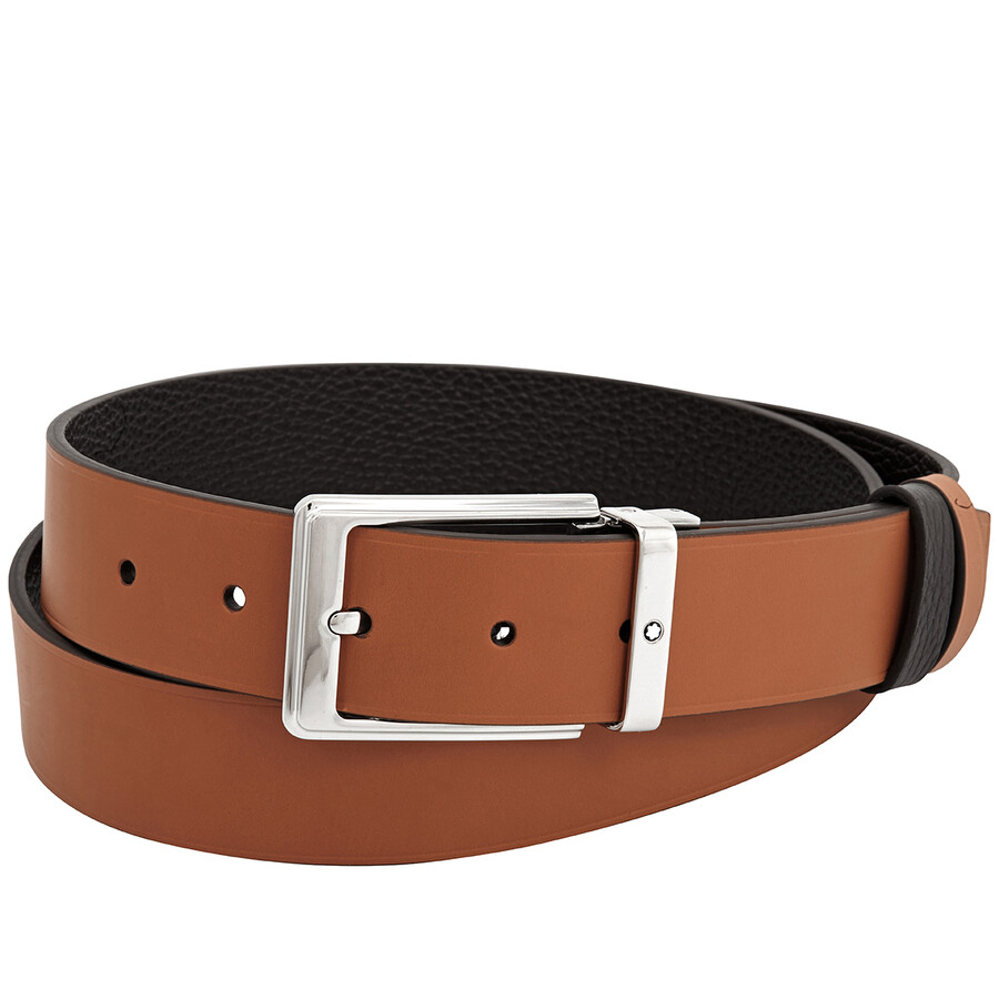 Montblanc Shiny Palladium Coated Pin Buckle Reversible Belt In Brown