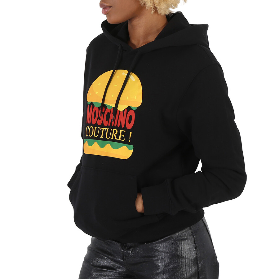 Shop Moschino Black Cotton Burger Logo Print Hoodie