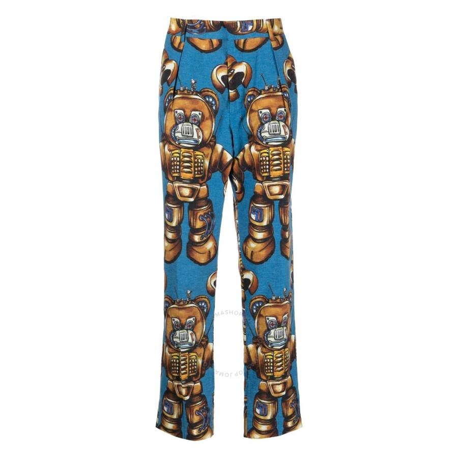 Moschino Blue Allover Robot Print Cotton Trousers In Blue